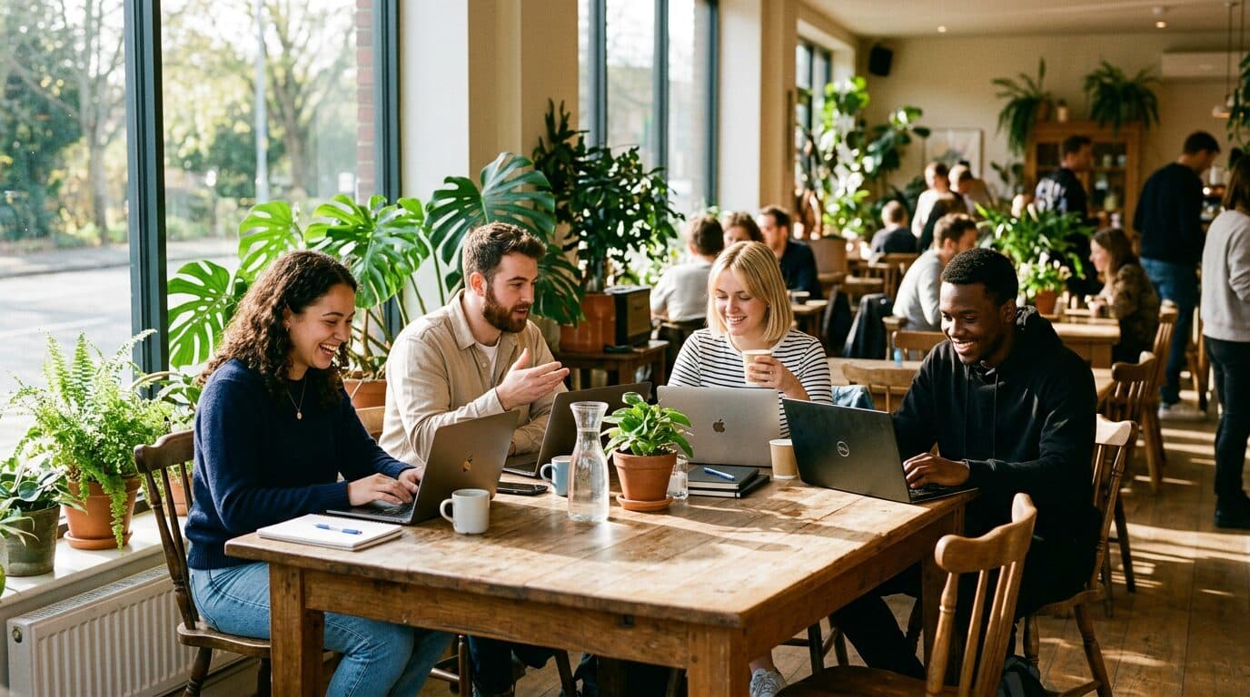 A group co-working together at a sunlit café