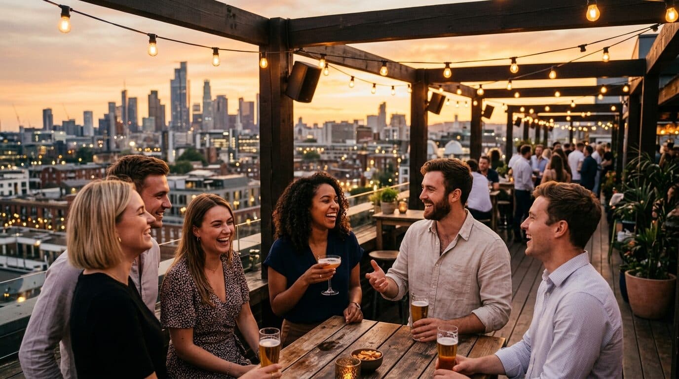Members at a golden-hour rooftop mixer with the city skyline and string lights